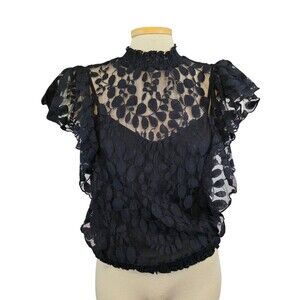 EXPRESS Top Womans Small Black Floral Sheer Lined Whimsigoth Dark Romantic
